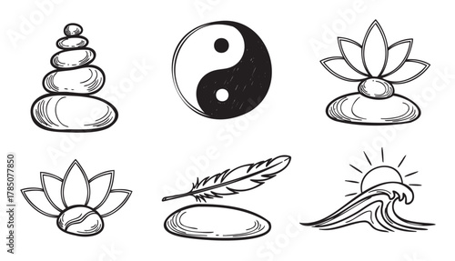 Black outline icons of stacked stones, yin-yang symbol, lotus with stones, feather on stone, and wave with sun, representing balance and tranquility.