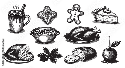 Vintage-style black and white illustration of various holiday foods including hot cocoa, cookies, pie, roast turkey, and a candied apple, symbolizing festive traditions.