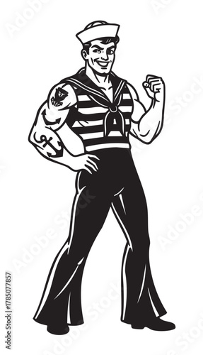 Black and white illustration of a muscular male sailor in a striped tank top and sailor hat, displaying tattoos and a confident smile.