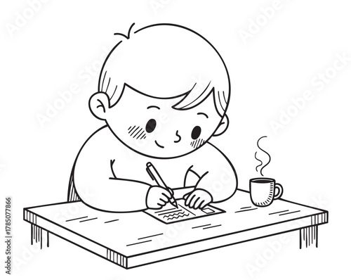 Black outline vector illustration of a child writing at a wooden table, with a steaming cup of coffee beside them, expressing focus and concentration on a task.
