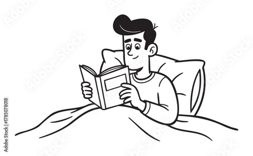 Black outline illustration of a young caucasian male reading a book while sitting comfortably in bed, covered with a blanket.