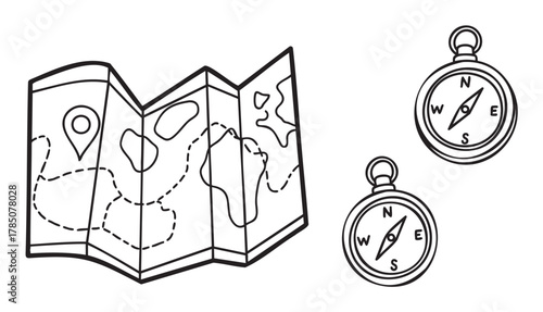 Simple black outline of a folded map with marked location next to two compasses pointing north.