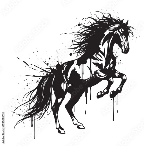 Black and white artistic depiction of a rearing horse with flowing mane and dynamic ink splatters, capturing motion and vitality.