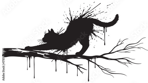 Silhouette of a playful cat stretching on a tree branch, surrounded by splatter art for a dynamic and creative design.