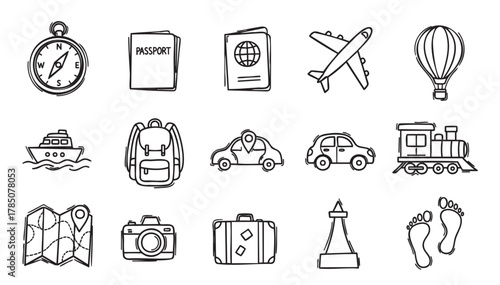 A collection of travel and adventure icons including a compass, passports, airplane, hot air balloon, boat, backpack, cars, train, map, camera, suitcase, and footprints.