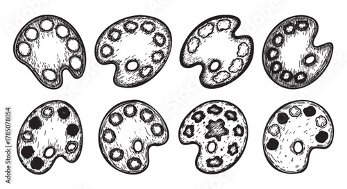 Black and white sketch of eight artist palettes, each with unique paint arrangement and oval shape, showcasing different artistic textures and patterns.