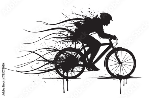 Silhouette of a male cyclist in motion with artistic splatters and dynamic lines trailing behind, evoking speed and energy.