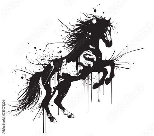 Black ink splash silhouette of a rearing horse with dynamic, flowing mane and tail, surrounded by scattered paint droplets.