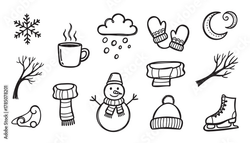 Black outline doodle icons depicting winter symbols such as a snowflake, steaming mug, cloud with snow, mittens, scarf, snowman, tree branch, ice skate, and winter hat.