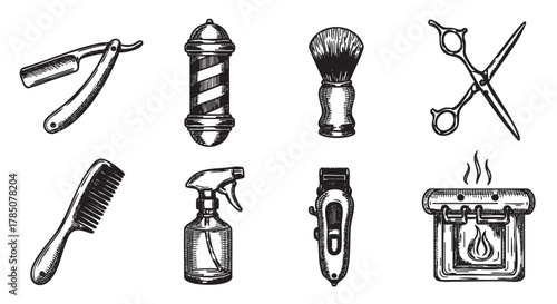 Vintage-style black and white illustrations of barbershop tools including a straight razor, barber pole, shaving brush, scissors, comb, spray bottle, hair clipper, and hot towel warmer.