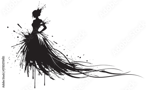 Silhouette of a woman in a flowing ink-drawn gown with splatter detailing, creating an abstract and artistic effect.