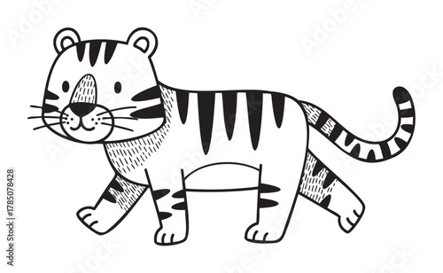 Black and white sketch of a cartoon tiger walking with stripes and a friendly expression, emphasizing simplicity and bold lines.
