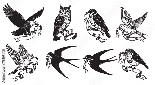 Black and white ink drawings of various birds, including an eagle, owl, sparrow, and swallow, each holding scroll-like ribbons in their beaks or talons.