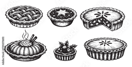 Six intricately detailed black and white illustrated pies, featuring various toppings and crust designs with one pie slice cut to reveal its filling.