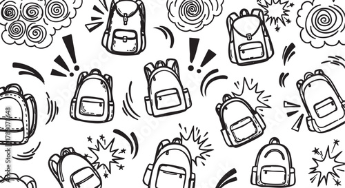 Black and white seamless pattern featuring variously oriented backpacks surrounded by abstract geometric and comic-style elements.