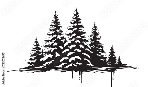Black silhouette of snow-covered pine trees with ink drips, creating a dramatic winter forest scene.