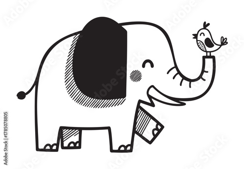 Black and white outline illustration of a cheerful elephant with a bird perched on its trunk, portraying a whimsical interaction between two animals.