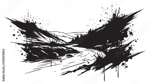 Black ink splash illustration of a mountainous landscape with a winding river and scattered splatters, evoking a sense of wild natural beauty.
