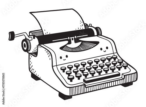 Black outline drawing of a vintage typewriter with round keys and a sheet of paper, illustrating retro technology.