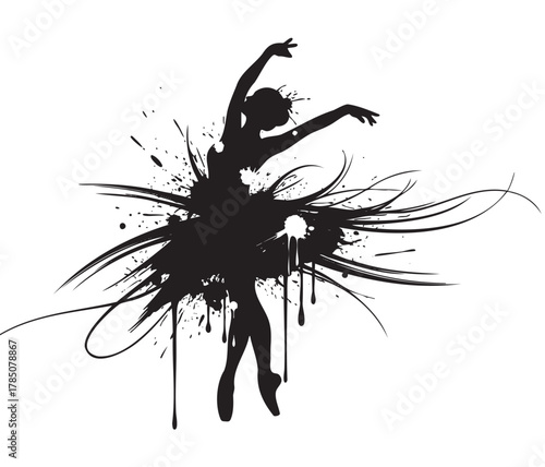 Black silhouette of a female ballet dancer in a dynamic pose with artistic splatter accents, symbolizing grace and movement.