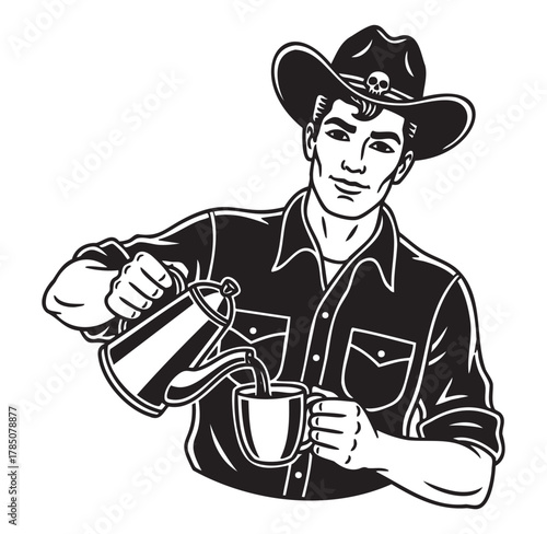Black and white illustration of a young caucasian male wearing a cowboy hat, pouring coffee from a pot into a mug, with a skull design on the hat.