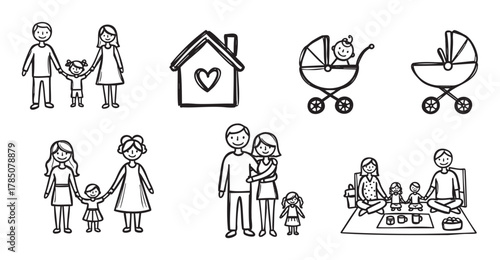 Black outline vector icons depicting a family with children, a house with a heart, baby strollers, and a family enjoying a picnic together.
