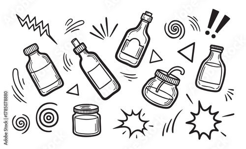 Black outline sketch of various jars and bottles with dynamic doodle elements, including spirals, exclamations, and abstract shapes.