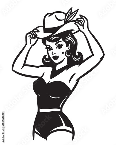 Black and white pin-up style illustration of a female figure wearing a swimsuit and adjusting a wide-brimmed hat.