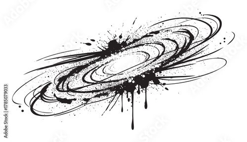 Black ink splatter design in the shape of a galaxy with swirling patterns and dynamic paint droplets.