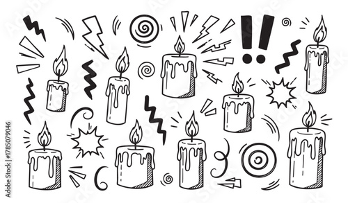Hand-drawn black and white illustration of candles with melting wax and dynamic abstract elements like lightning bolts and spirals for a creative concept.