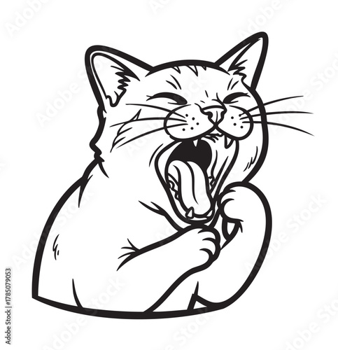 Black outline of a yawning cat with whiskers and open mouth, showing tongue and teeth in a playful expression.