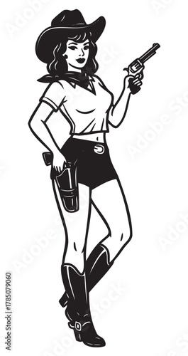 Caucasian female cowboy character in a classic western pose, wearing a hat and boots, holding a revolver with confident demeanor.