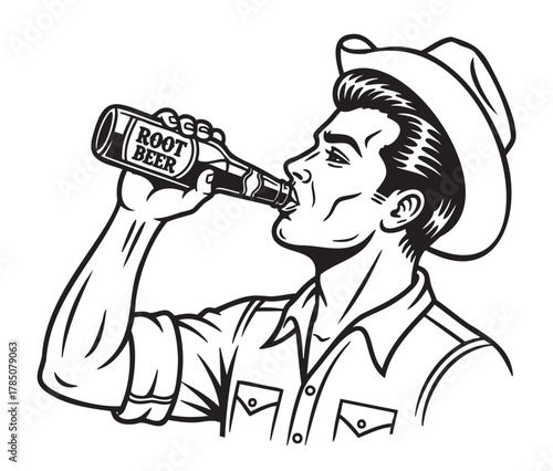 Black and white illustration of a young caucasian male in a hat enjoying a bottle of root beer.