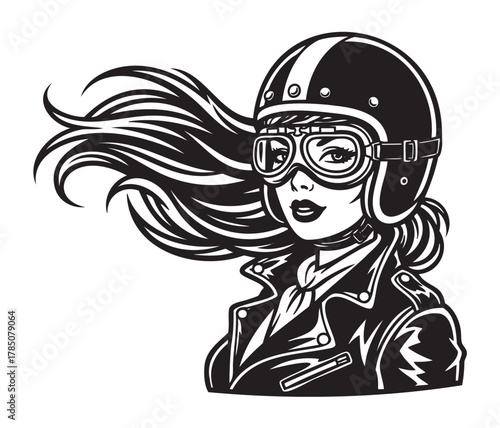 Black and white illustration of a female motorcyclist wearing a vintage helmet and goggles with long flowing hair.