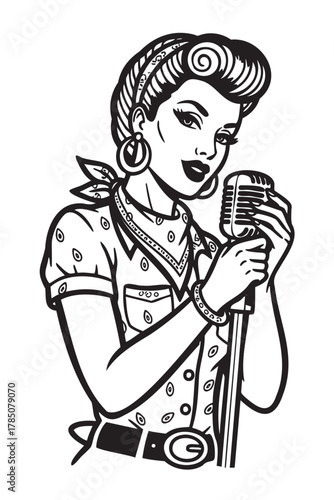 Black and white retro-style illustration of a caucasian female adult in vintage clothing holding a classic microphone.