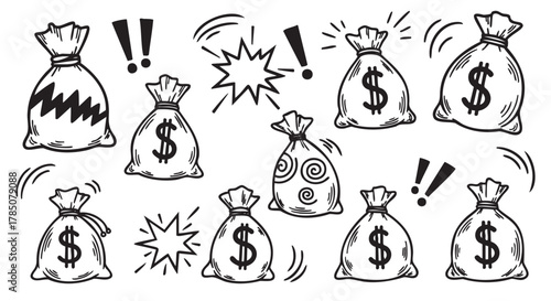 Black and white hand-drawn illustration of money bags with dollar signs and various exclamatory symbols and patterns conveying wealth and excitement.