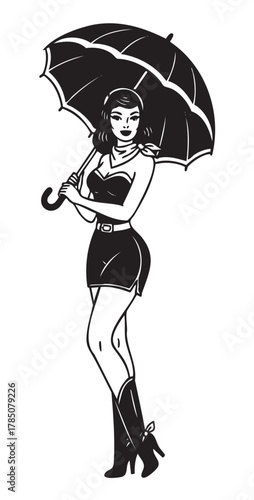 Vintage-style black and white illustration of a young caucasian female with dark hair, standing while holding an umbrella wearing a short dress and high boots.
