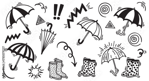 Black and white sketch-style illustration featuring a variety of open and closed umbrellas, rubber boots, and playful weather-themed doodles.