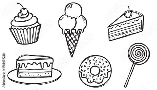 Black outline vector icons of various desserts including a cupcake with cherry, ice cream cone, slice of cake, donut, and lollipop.