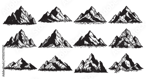 Black and white hand-drawn illustrations of twelve different mountain peaks, each with unique textures and shading.