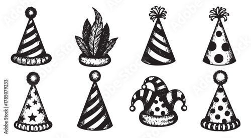 A collection of eight black and white party hats with various designs, including stripes, stars, and polka dots, embellished with feathers and pompoms.