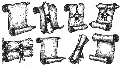 Black and white illustration of various rolled parchment scrolls, some tied with ribbons and seals, showcasing different designs and styles.