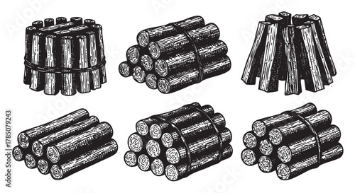 Six arrangements of bundled wooden logs in a detailed black and white engraving style, including stacked, rolled, and tied configurations.