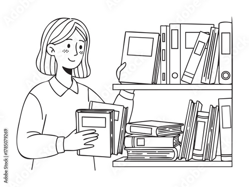 Female child with straight hair arranging books on a library shelf, smiling while organizing a collection of neatly stacked books.