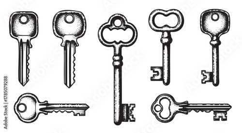 Vintage black and white illustration featuring six distinct, intricately designed antique keys with various shapes and ornate details.