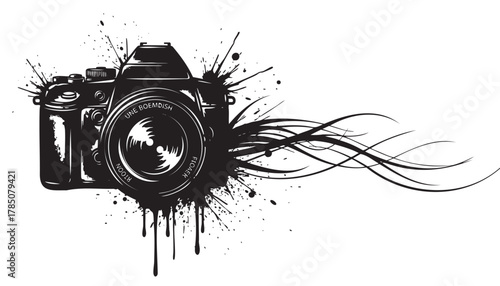 Black ink-splattered digital camera with swirling lines emanating from the lens, symbolizing creativity in photography.