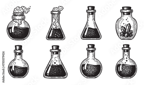 Set of vintage hand-drawn potion bottles with cork stoppers, featuring various shapes and contents, including bubbling liquids and crystals.