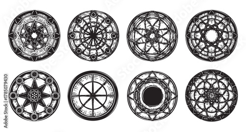 Eight intricately designed circular alchemy symbols in black, featuring geometric patterns, symbols, and detailed lines.