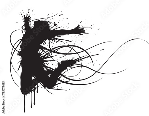 Silhouette of a dynamic jumping person with abstract splatter and swirling lines, conveying energy and movement.