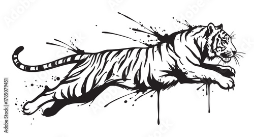 Dynamic black and white ink art of a leaping tiger with splash effects showcasing strength and agility.